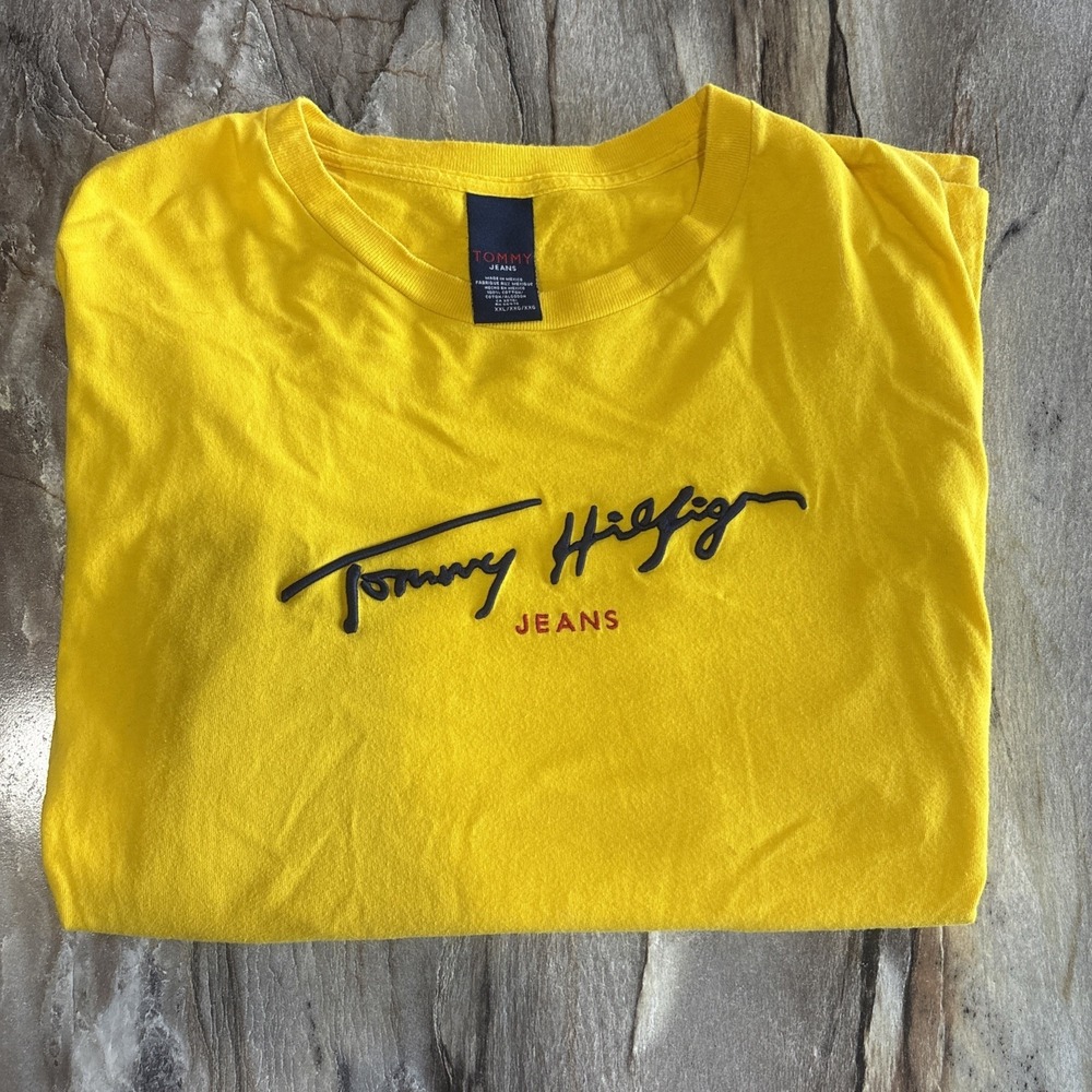 Tommy Hilfiger Yellow Logo Tee Vintage Style Graphic T Shirt Streetwear 2XL  90s